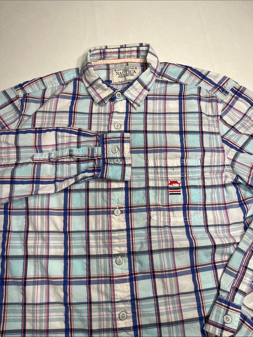 Nautica Men’s Plaid Button Front Shirt Large Blue White Pink Long Sleeve Cotton